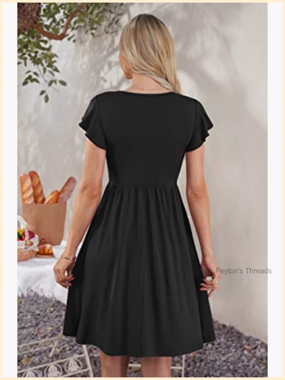 Women's Cap Sleeve V-Neck A-Line Swing Dress with Pockets - Casual Summer - Picture 3 of 7
